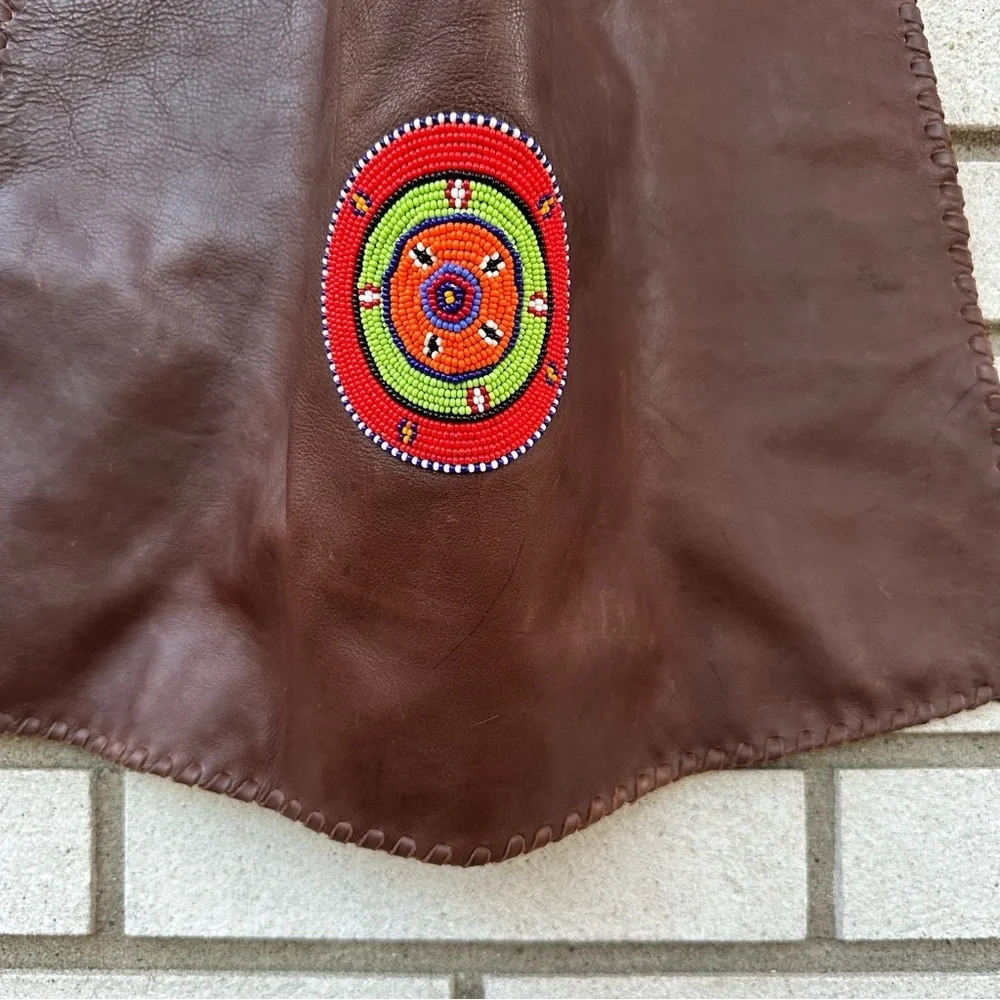 Handmade Brown Leather Beaded Shoulder Bag Tote Purse Whipstitch Edge Tie Straps